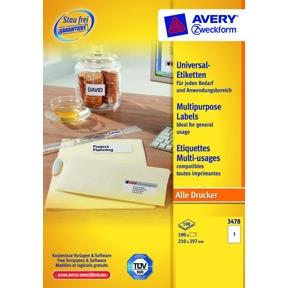 9410387 Avery 3478 Etikett AVERY ILC A4 210x297 (100) etiketter for laser, kopi og inkjet